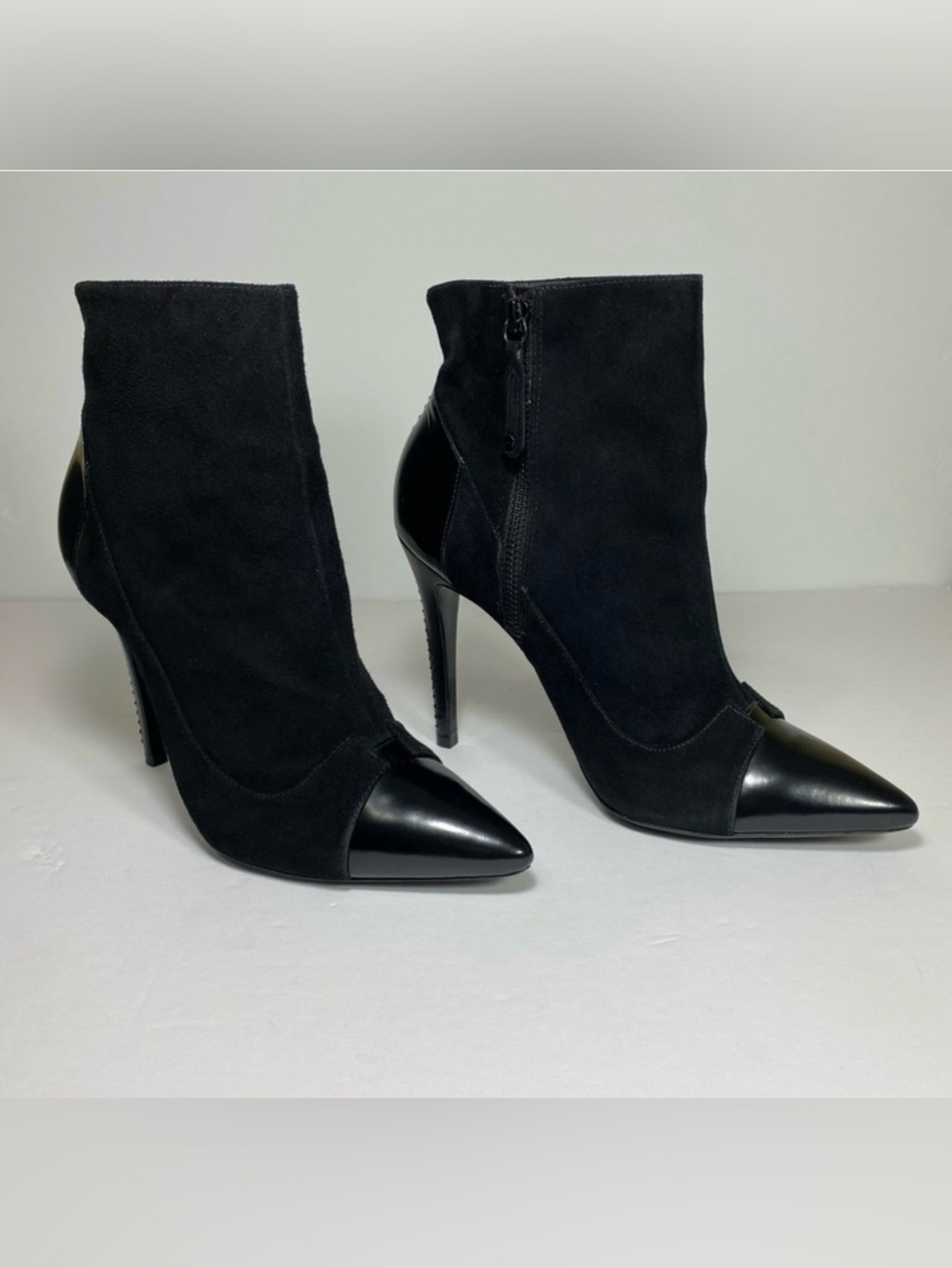 Alice + Olivia Pointy Toe High Heel Ankle Boots. Patent toe & Heel
